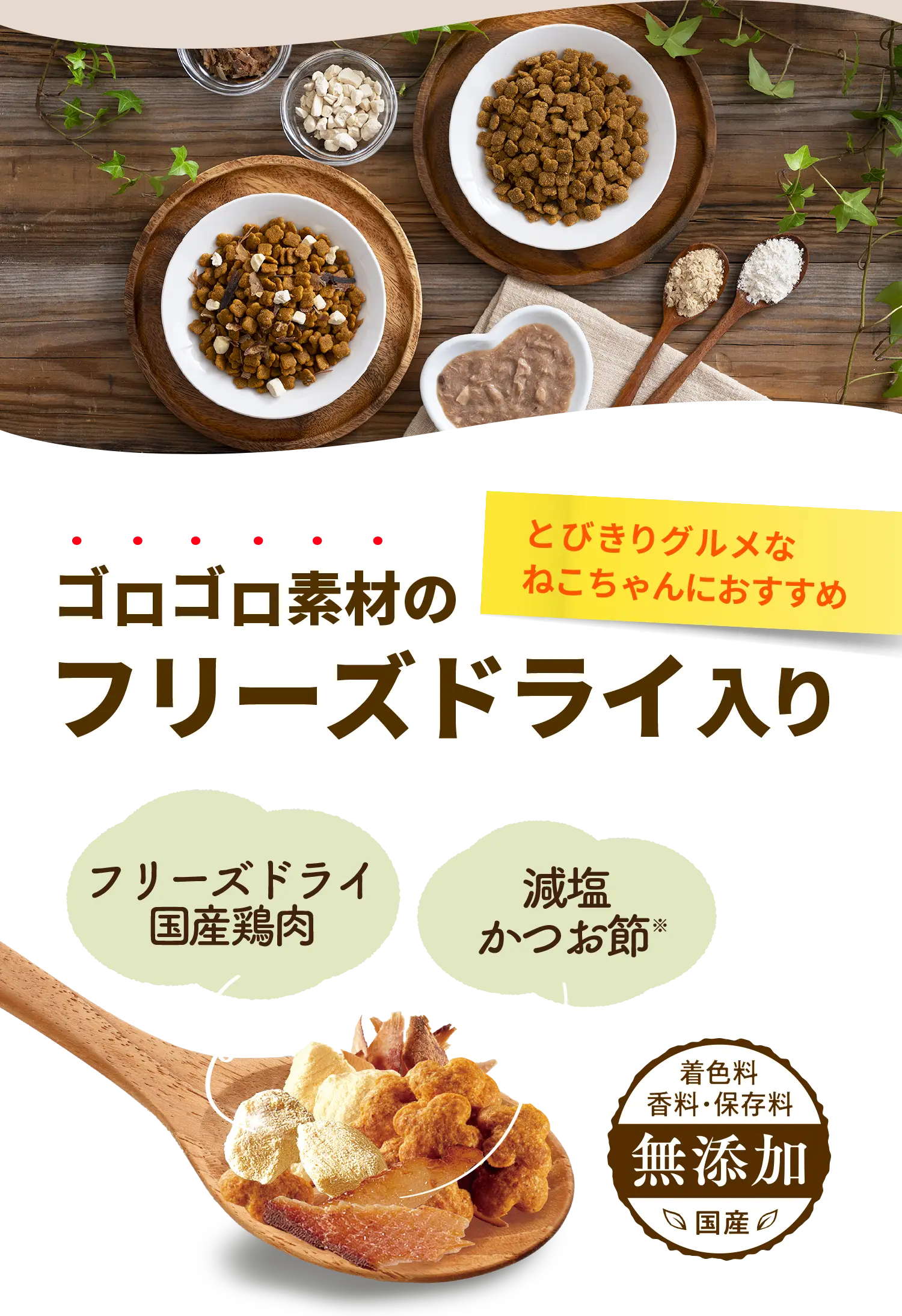 とびきりグルメなねこちゃんにおすすめ ゴロゴロ素材のフリーズドライ入り フリーズドライ国産鶏肉 減塩かつお節※ 着色料 香料・保存料 無添加 国産